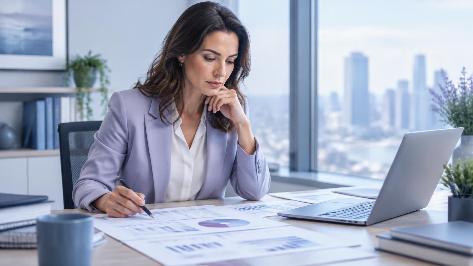 Accounting and advisory professional reviewing financial reports beside a laptop.