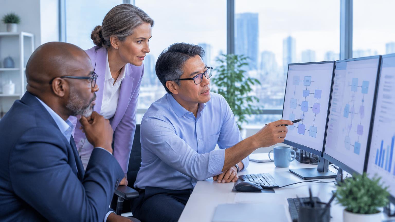 Three professional-services colleagues reviewing workflow diagrams on office screens.