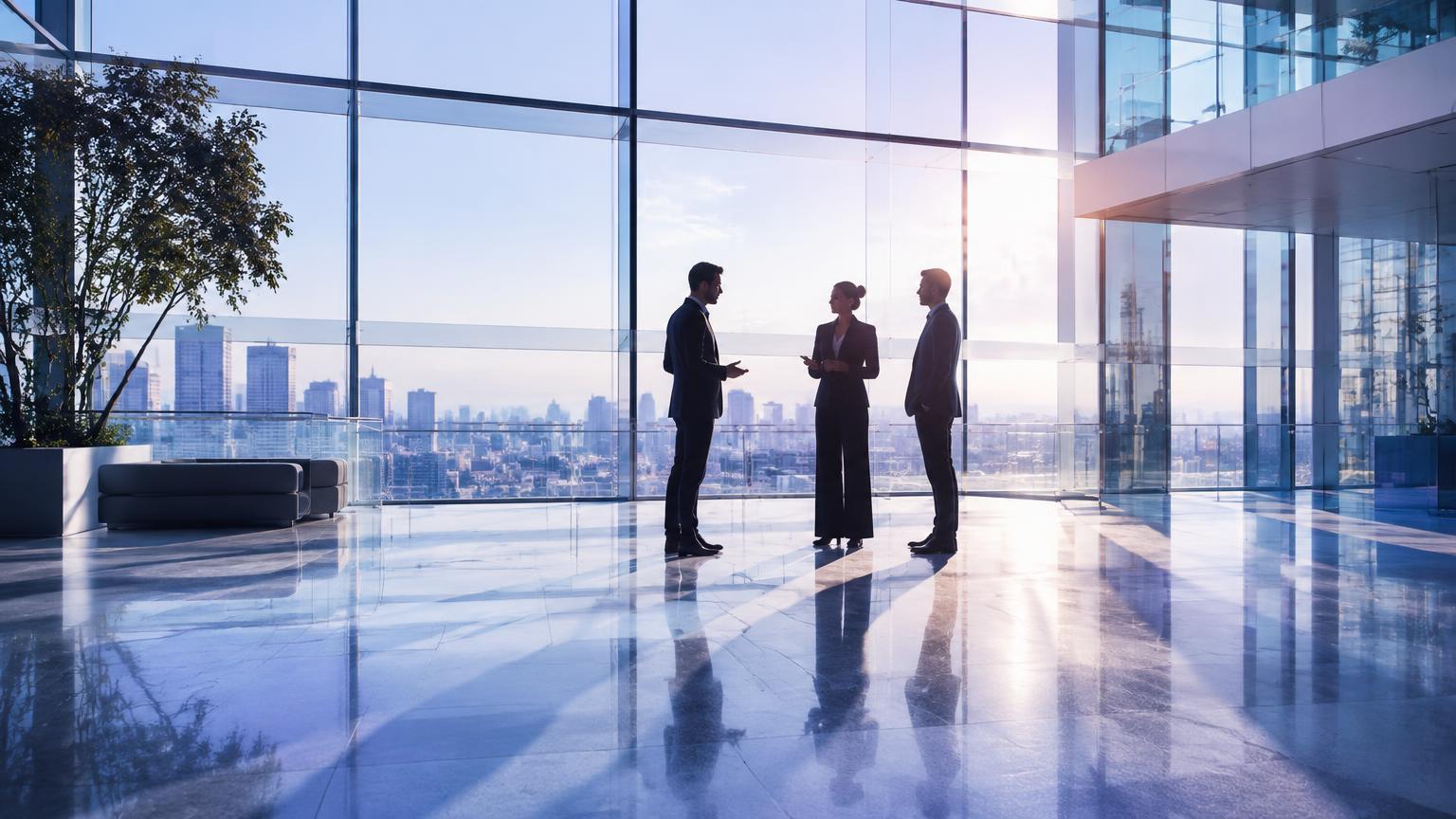 Silhouettes of three business people in conversation in a sunlit glass-walled atrium.
