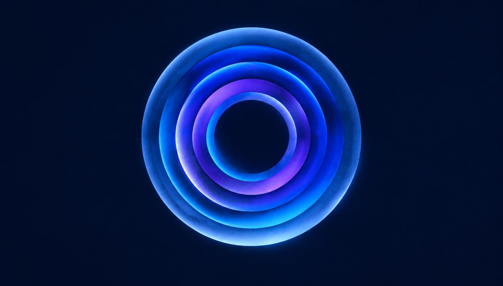 Abstract concentric glowing rings in blue and violet merging into one system