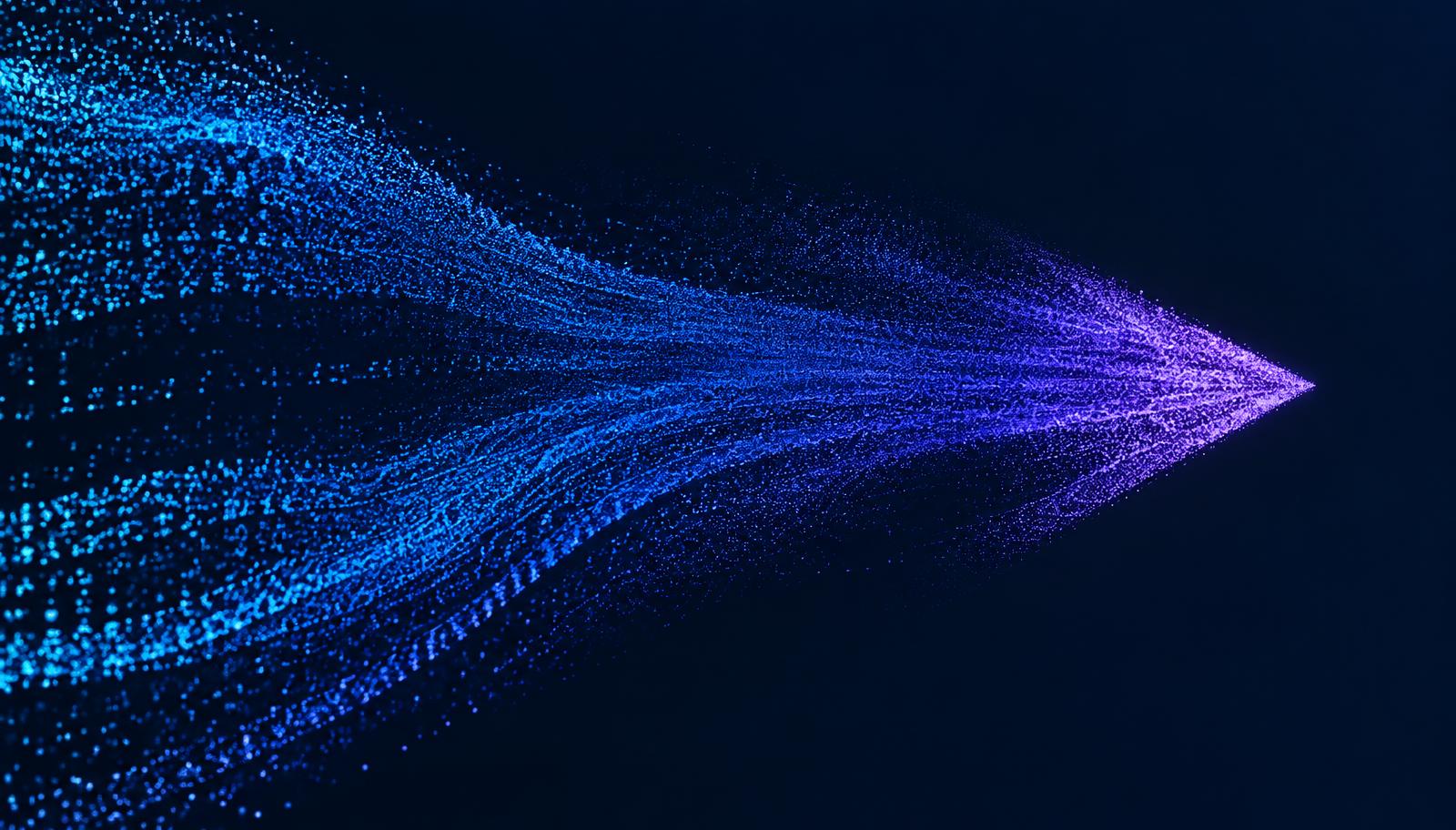Abstract streams of luminous blue particles converging into a forward arrow