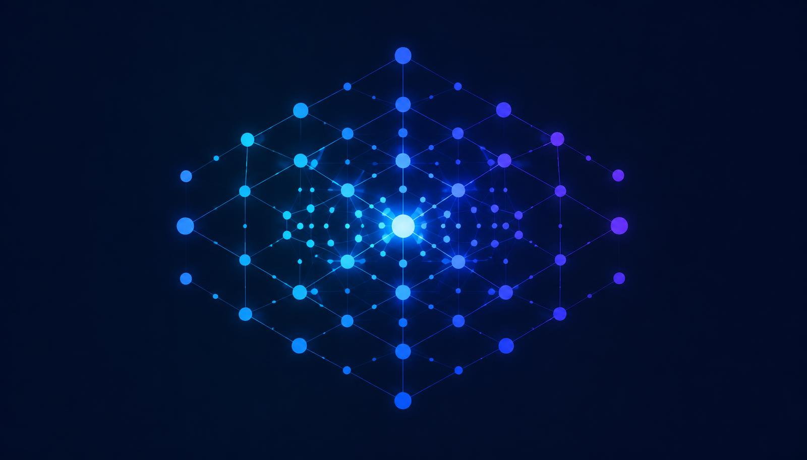 Abstract glowing point expanding into a lattice of connected blue and violet nodes