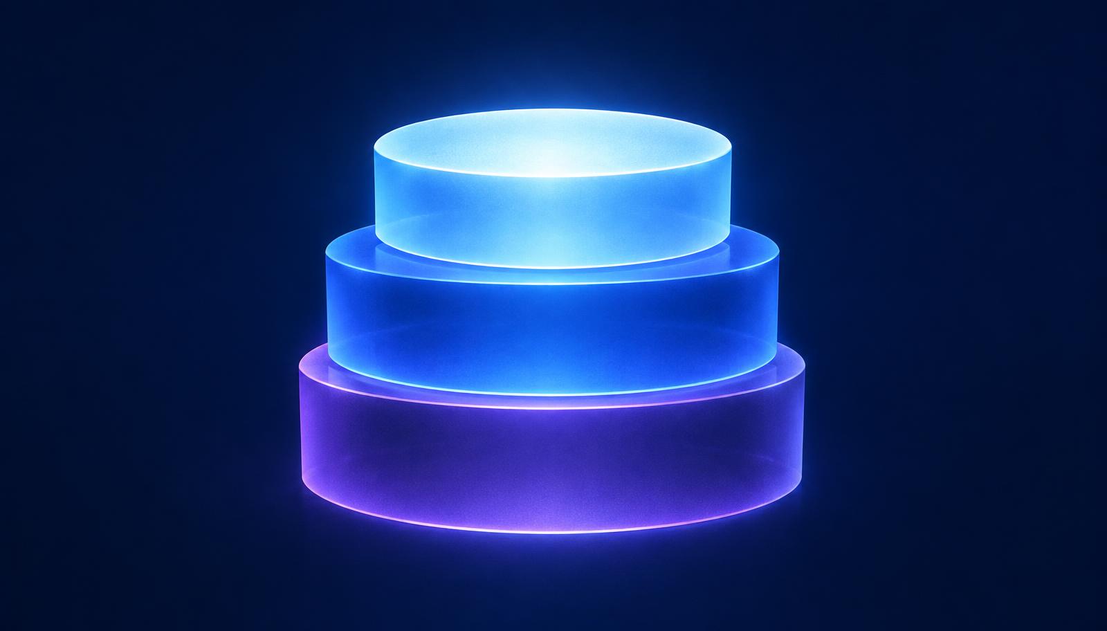 Abstract three stacked translucent tiers glowing blue to violet