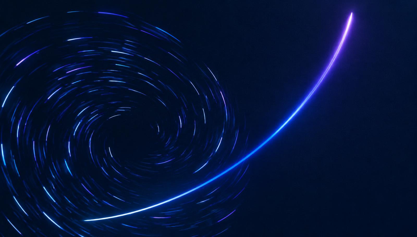 Abstract swirl of short light streaks beside one clean ascending arc of blue light