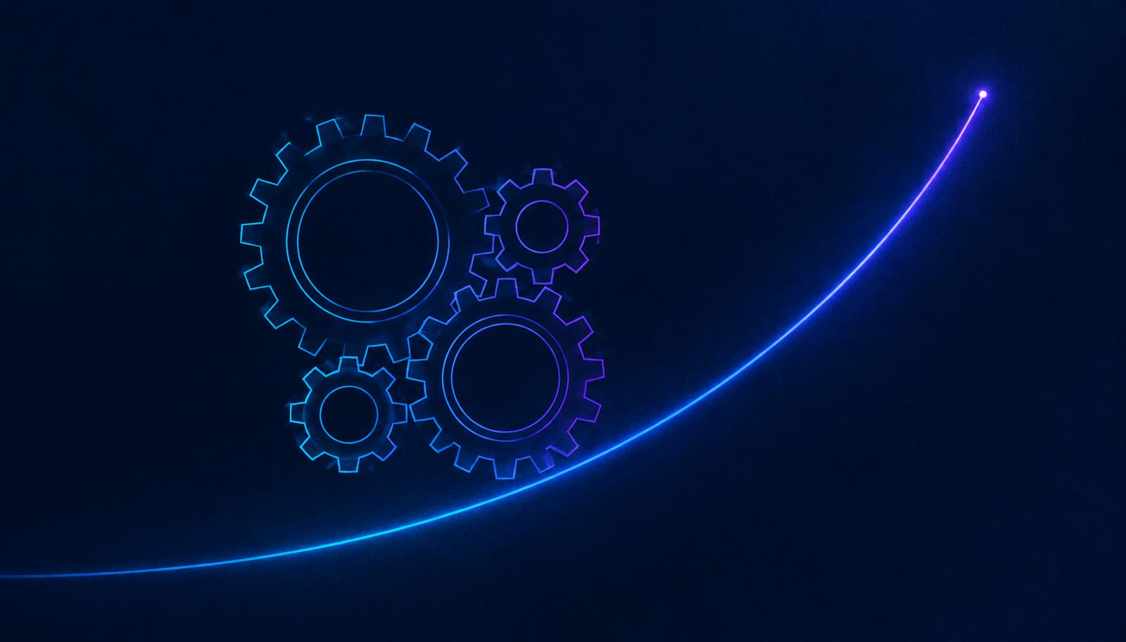 Abstract glowing outline gears beside a rising curve of blue light