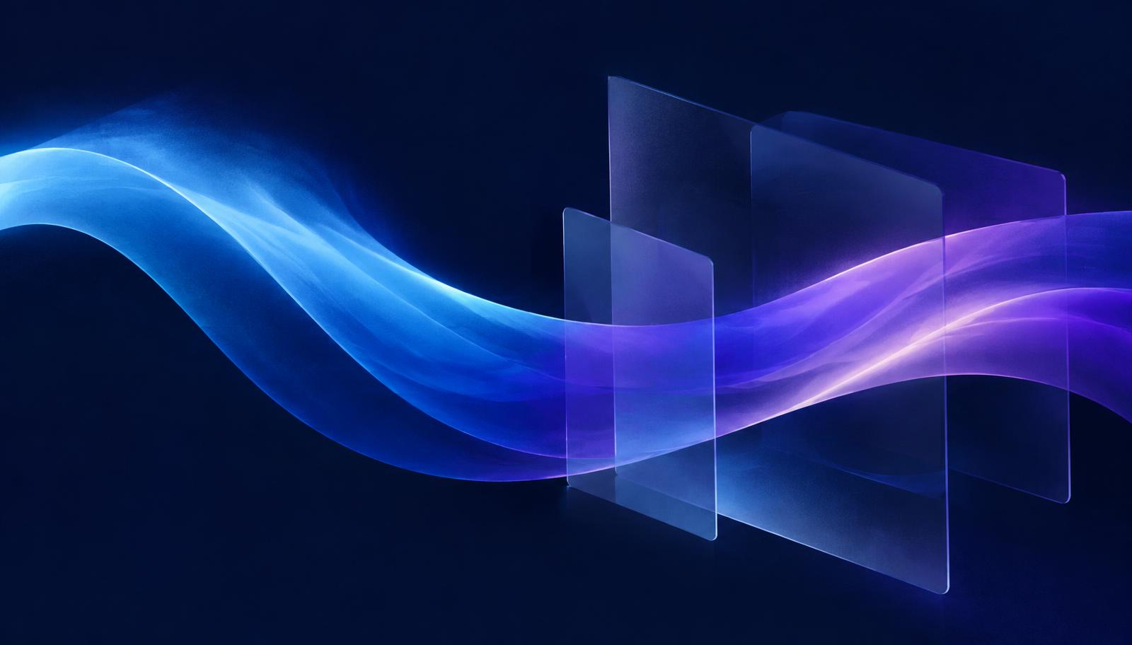 Abstract ribbon of blue and violet light flowing through layered glass panels